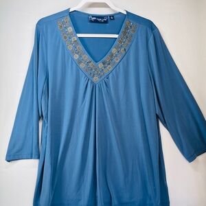Susan Graver Blue V-Neck Top with Gold Accents